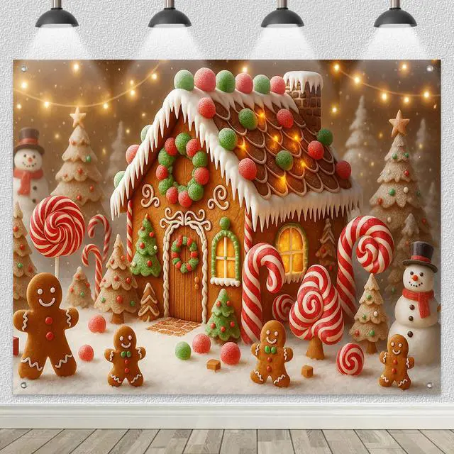 Alt view image 2 of 7 - Gingerbread House Christmas Backdrop 8x6ft | Merry Christmas Backdrop with Gingerbread House Candy Canes Lollipops Snowman Gingerbread Men for Outdoor Party Decoration