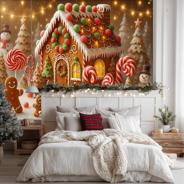 Alt view image 3 of 7 - Gingerbread House Christmas Backdrop 8x6ft | Merry Christmas Backdrop with Gingerbread House Candy Canes Lollipops Snowman Gingerbread Men for Outdoor Party Decoration