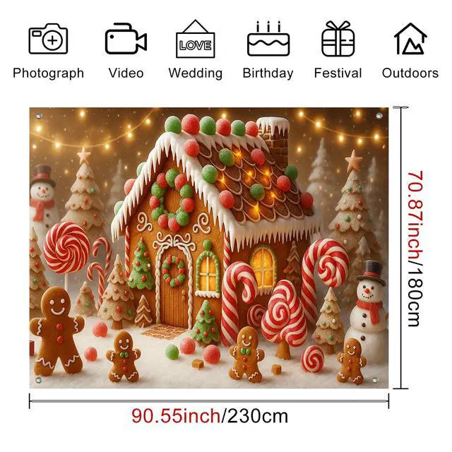 Alt view image 4 of 7 - Gingerbread House Christmas Backdrop 8x6ft | Merry Christmas Backdrop with Gingerbread House Candy Canes Lollipops Snowman Gingerbread Men for Outdoor Party Decoration