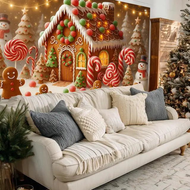 Alt view image 5 of 7 - Gingerbread House Christmas Backdrop 8x6ft | Merry Christmas Backdrop with Gingerbread House Candy Canes Lollipops Snowman Gingerbread Men for Outdoor Party Decoration