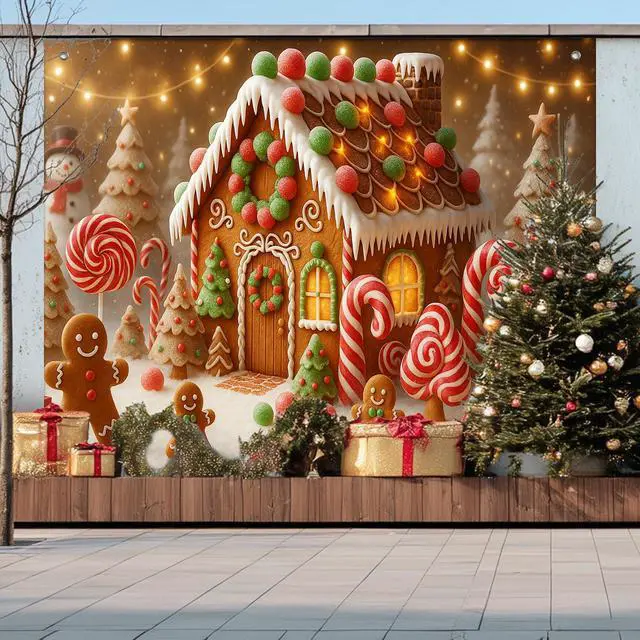 Alt view image 6 of 7 - Gingerbread House Christmas Backdrop 8x6ft | Merry Christmas Backdrop with Gingerbread House Candy Canes Lollipops Snowman Gingerbread Men for Outdoor Party Decoration
