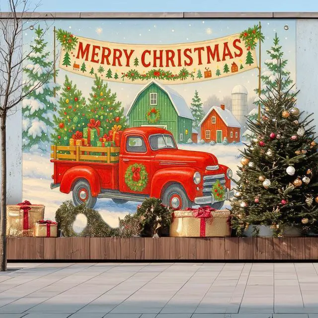 Main image of Red Truck Winter Christmas Backdrop 8x6ft | Merry Christmas Backdrop with Red Truck Farmhouse Barn Gift Boxes for Indoor Outdoor Holiday Party Decoration