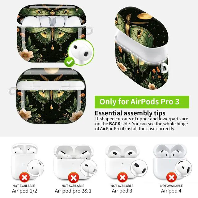 Alt view image 3 of 7 - Hard Protective Case for AirPod Pro 3, Shockproof Durable Shell with Keychain, Cute Stylish Design(Moonlit Moth Floral Night)