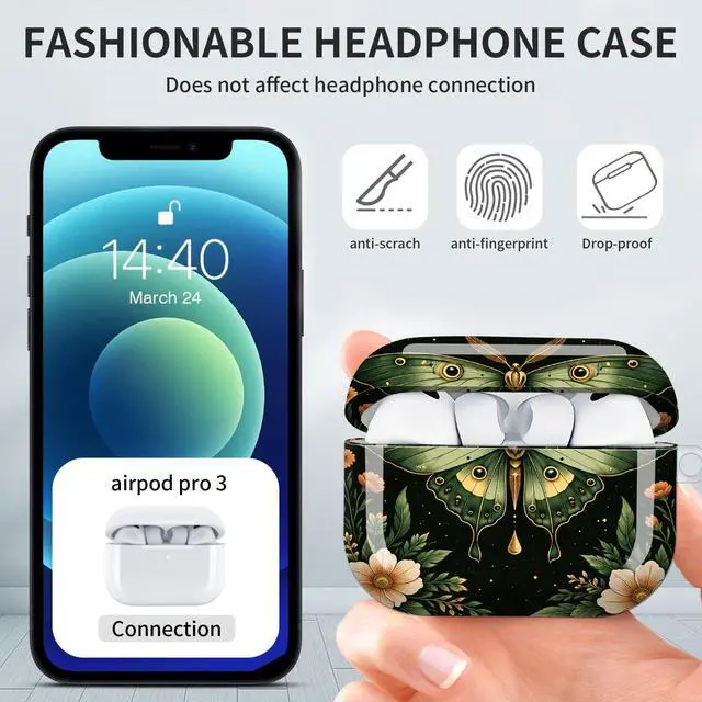 Alt view image 6 of 7 - Hard Protective Case for AirPod Pro 3, Shockproof Durable Shell with Keychain, Cute Stylish Design(Moonlit Moth Floral Night)
