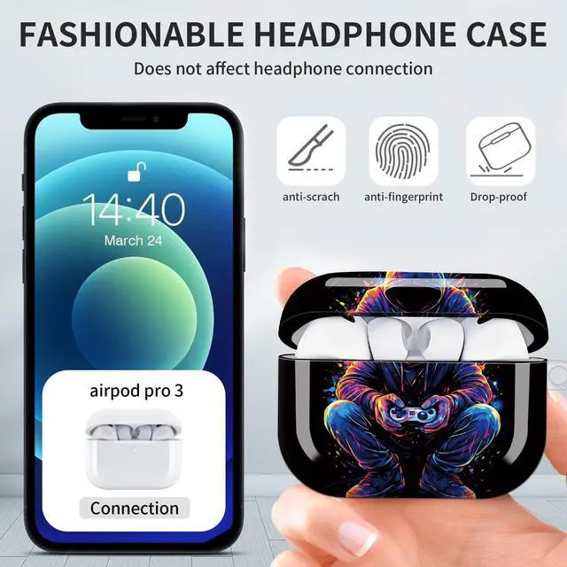 Alt view image 2 of 7 - Hard Protective Case for AirPod Pro 3, Shockproof Durable Shell with Keychain, Cute Stylish Design(Neon Hoodie Gamer Controller Splash Art)
