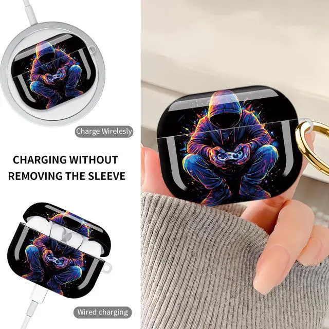 Alt view image 4 of 7 - Hard Protective Case for AirPod Pro 3, Shockproof Durable Shell with Keychain, Cute Stylish Design(Neon Hoodie Gamer Controller Splash Art)