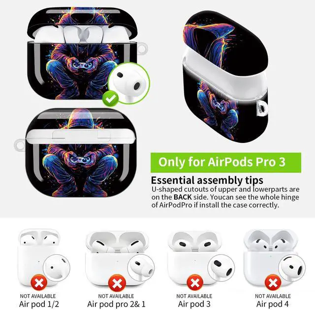 Alt view image 5 of 7 - Hard Protective Case for AirPod Pro 3, Shockproof Durable Shell with Keychain, Cute Stylish Design(Neon Hoodie Gamer Controller Splash Art)