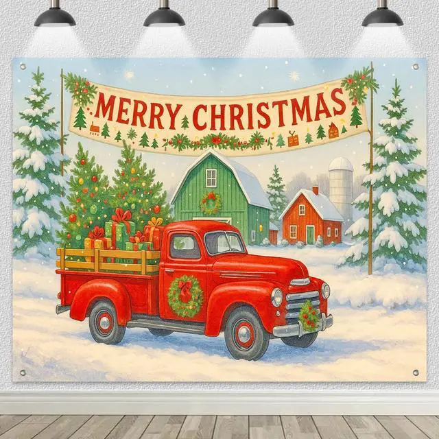 Alt view image 2 of 7 - Red Truck Winter Christmas Backdrop 8x6ft | Merry Christmas Backdrop with Red Truck Farmhouse Barn Gift Boxes for Indoor Outdoor Holiday Party Decoration