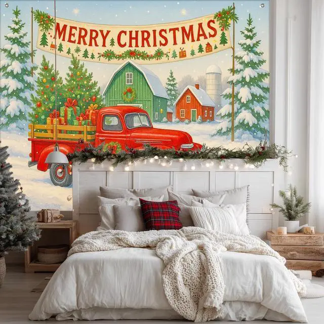 Alt view image 3 of 7 - Red Truck Winter Christmas Backdrop 8x6ft | Merry Christmas Backdrop with Red Truck Farmhouse Barn Gift Boxes for Indoor Outdoor Holiday Party Decoration