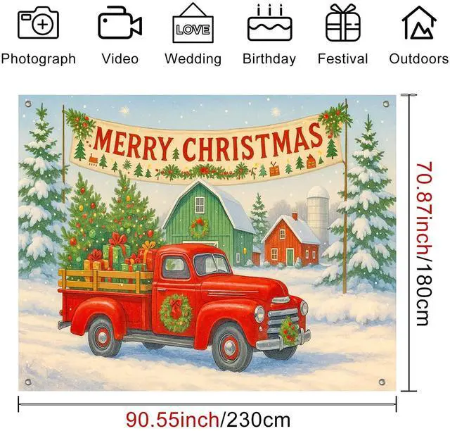 Alt view image 4 of 7 - Red Truck Winter Christmas Backdrop 8x6ft | Merry Christmas Backdrop with Red Truck Farmhouse Barn Gift Boxes for Indoor Outdoor Holiday Party Decoration
