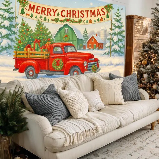 Alt view image 5 of 7 - Red Truck Winter Christmas Backdrop 8x6ft | Merry Christmas Backdrop with Red Truck Farmhouse Barn Gift Boxes for Indoor Outdoor Holiday Party Decoration
