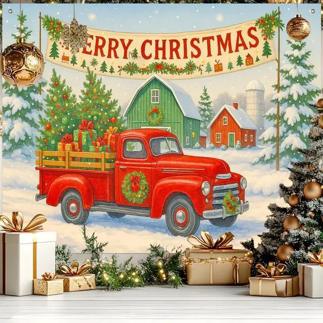 Alt view image 6 of 7 - Red Truck Winter Christmas Backdrop 8x6ft | Merry Christmas Backdrop with Red Truck Farmhouse Barn Gift Boxes for Indoor Outdoor Holiday Party Decoration