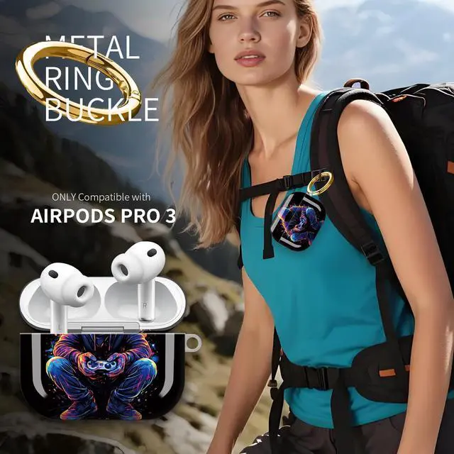 Alt view image 6 of 7 - Hard Protective Case for AirPod Pro 3, Shockproof Durable Shell with Keychain, Cute Stylish Design(Neon Hoodie Gamer Controller Splash Art)