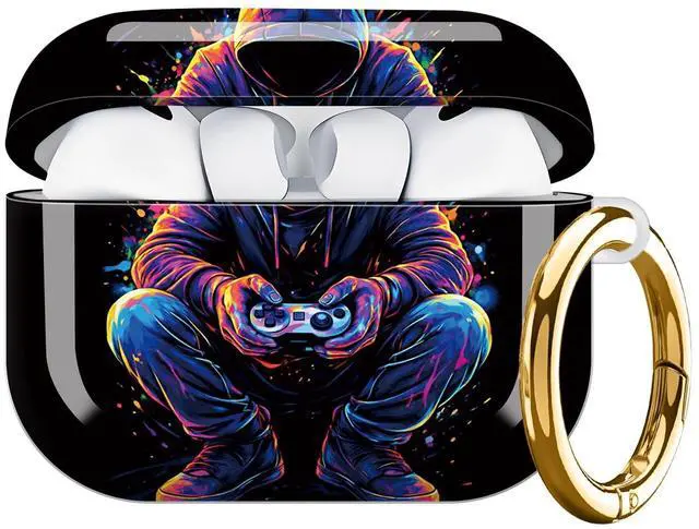 Alt view image 7 of 7 - Hard Protective Case for AirPod Pro 3, Shockproof Durable Shell with Keychain, Cute Stylish Design(Neon Hoodie Gamer Controller Splash Art)