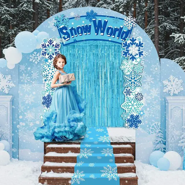 Alt view image 5 of 6 - 7pcs Birthday Party Decorations Snowflake Tinsel Foil Fringe Curtains Porch Banners Snow Runner Backdrop for Wonderland Party Decoration Winter Supplies
