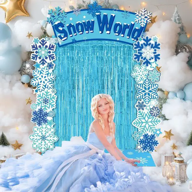 Alt view image 6 of 6 - 7pcs Birthday Party Decorations Snowflake Tinsel Foil Fringe Curtains Porch Banners Snow Runner Backdrop for Wonderland Party Decoration Winter Supplies