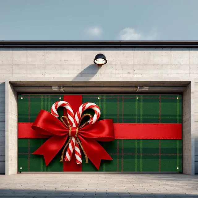 Main image of Christmas Garage Door Banner Decoration Plaid Red Bow 13x6 ft | Merry Christmas Plaid Bow Garage Door Cover Home Door Front Yard Backdrop Decor for Winter Xmas Holiday Outdoor