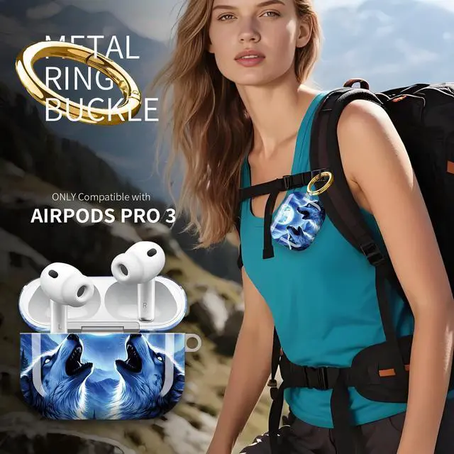 Alt view image 2 of 7 - Hard Protective Case for AirPod Pro 3, Shockproof Durable Shell with Keychain, Cute Stylish Design(Moonlit Wolves Howling Aurora Mountains)