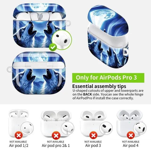Alt view image 3 of 7 - Hard Protective Case for AirPod Pro 3, Shockproof Durable Shell with Keychain, Cute Stylish Design(Moonlit Wolves Howling Aurora Mountains)