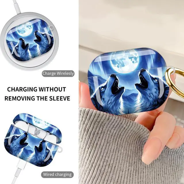 Alt view image 4 of 7 - Hard Protective Case for AirPod Pro 3, Shockproof Durable Shell with Keychain, Cute Stylish Design(Moonlit Wolves Howling Aurora Mountains)