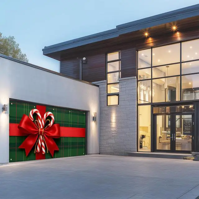 Alt view image 2 of 6 - Christmas Garage Door Banner Decoration Plaid Red Bow 13x6 ft | Merry Christmas Plaid Bow Garage Door Cover Home Door Front Yard Backdrop Decor for Winter Xmas Holiday Outdoor