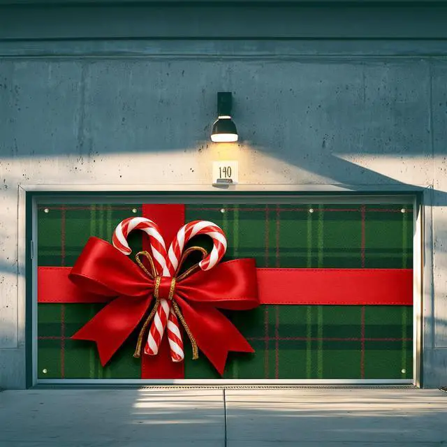 Alt view image 4 of 6 - Christmas Garage Door Banner Decoration Plaid Red Bow 13x6 ft | Merry Christmas Plaid Bow Garage Door Cover Home Door Front Yard Backdrop Decor for Winter Xmas Holiday Outdoor