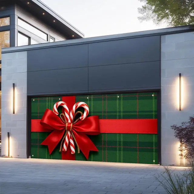 Alt view image 5 of 6 - Christmas Garage Door Banner Decoration Plaid Red Bow 13x6 ft | Merry Christmas Plaid Bow Garage Door Cover Home Door Front Yard Backdrop Decor for Winter Xmas Holiday Outdoor