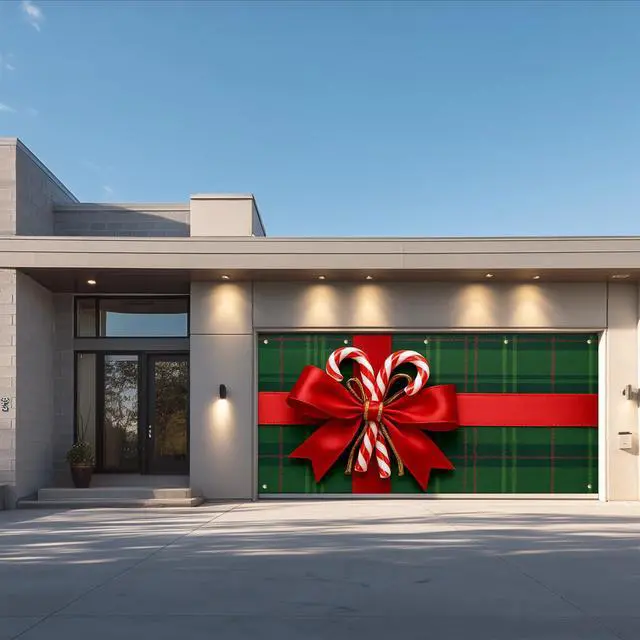 Alt view image 6 of 6 - Christmas Garage Door Banner Decoration Plaid Red Bow 13x6 ft | Merry Christmas Plaid Bow Garage Door Cover Home Door Front Yard Backdrop Decor for Winter Xmas Holiday Outdoor