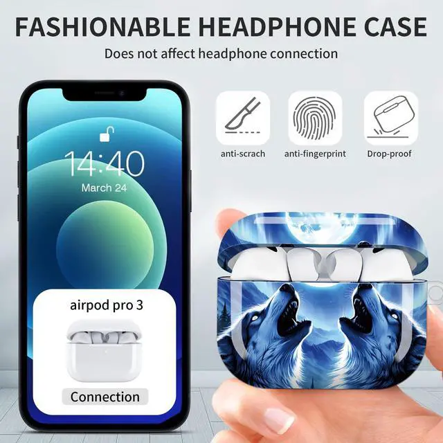 Alt view image 6 of 7 - Hard Protective Case for AirPod Pro 3, Shockproof Durable Shell with Keychain, Cute Stylish Design(Moonlit Wolves Howling Aurora Mountains)