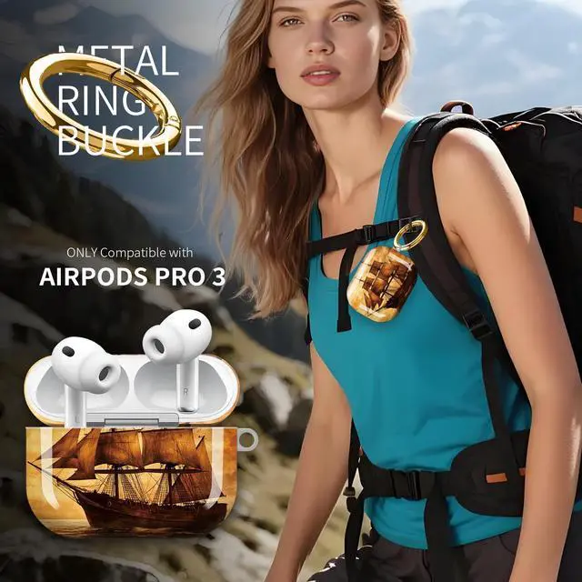 Alt view image 2 of 7 - Hard Protective Case for AirPod Pro 3, Shockproof Durable Shell with Keychain, Cute Stylish Design(Vintage Ship Sunset Ocean Sky Emblem)