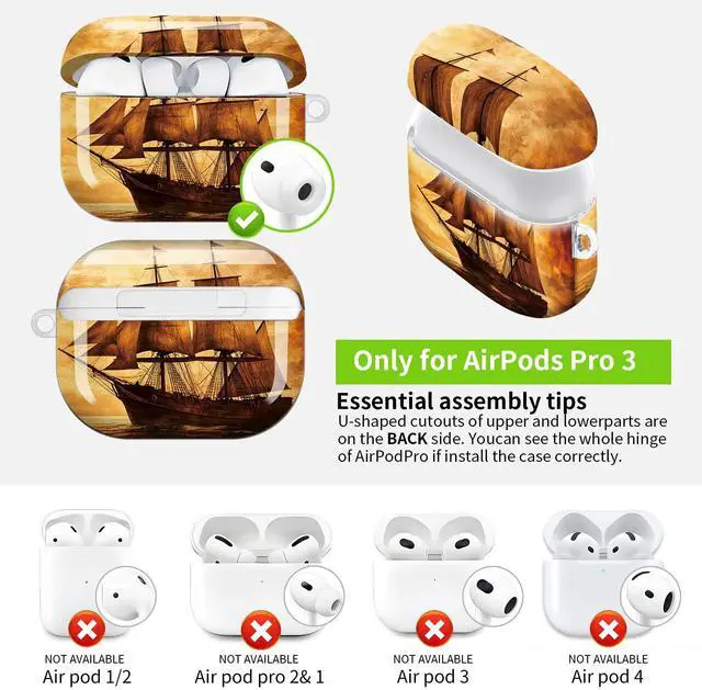 Alt view image 3 of 7 - Hard Protective Case for AirPod Pro 3, Shockproof Durable Shell with Keychain, Cute Stylish Design(Vintage Ship Sunset Ocean Sky Emblem)