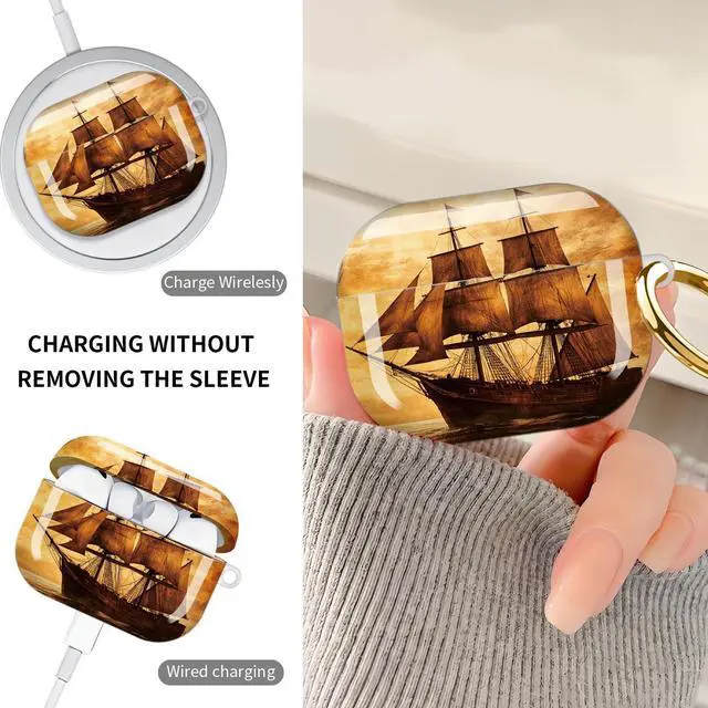 Alt view image 4 of 7 - Hard Protective Case for AirPod Pro 3, Shockproof Durable Shell with Keychain, Cute Stylish Design(Vintage Ship Sunset Ocean Sky Emblem)