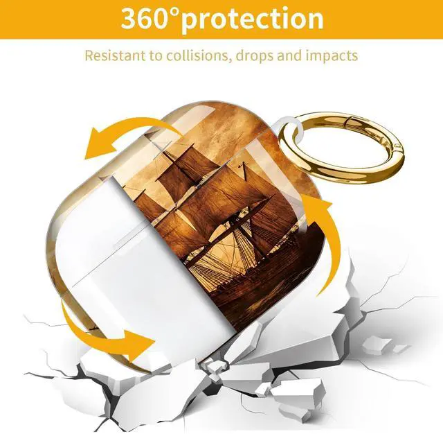 Alt view image 5 of 7 - Hard Protective Case for AirPod Pro 3, Shockproof Durable Shell with Keychain, Cute Stylish Design(Vintage Ship Sunset Ocean Sky Emblem)