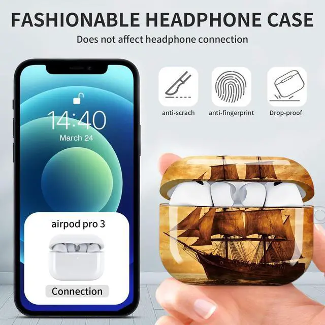 Alt view image 6 of 7 - Hard Protective Case for AirPod Pro 3, Shockproof Durable Shell with Keychain, Cute Stylish Design(Vintage Ship Sunset Ocean Sky Emblem)