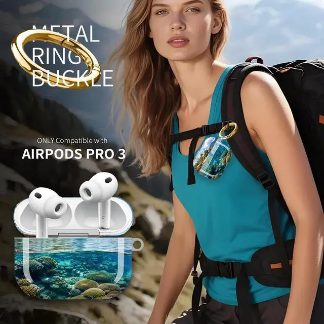 Alt view image 2 of 7 - Hard Protective Case for AirPod Pro 3, Shockproof Durable Shell with Keychain, Cute Stylish Design(Tropical Island Coral Reef Water Sky)