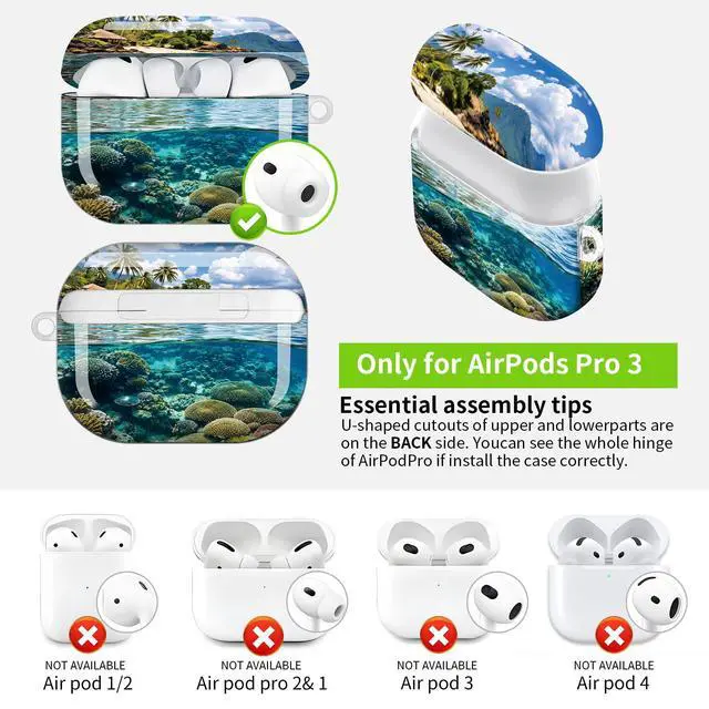 Alt view image 3 of 7 - Hard Protective Case for AirPod Pro 3, Shockproof Durable Shell with Keychain, Cute Stylish Design(Tropical Island Coral Reef Water Sky)