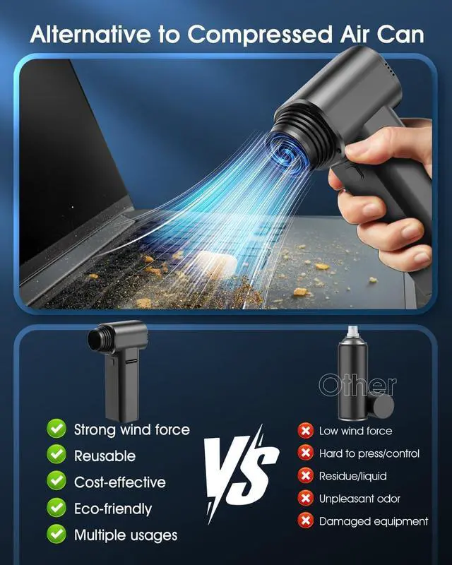 Alt view image 5 of 7 - Compressed Air Duster, 300000RPM 500g Air Blaster PC Cleaner for Keyboard, Computer Cleaner Deep Cleaning, Component,Air Bed,Compressed Air Can-No Canned Air Duster, Rechargeable Air Blower
