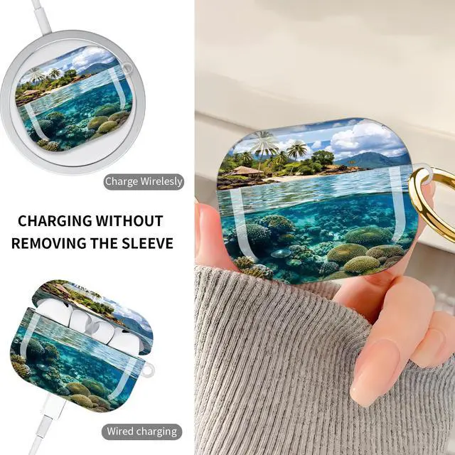 Alt view image 4 of 7 - Hard Protective Case for AirPod Pro 3, Shockproof Durable Shell with Keychain, Cute Stylish Design(Tropical Island Coral Reef Water Sky)