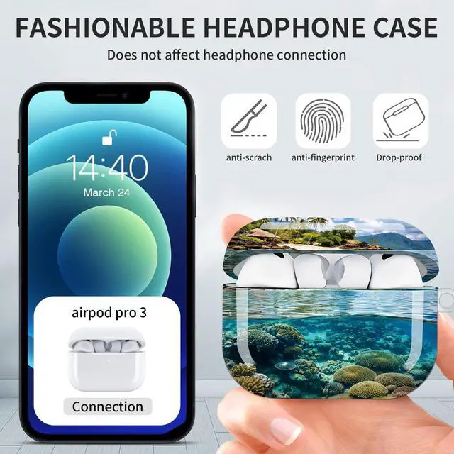 Alt view image 6 of 7 - Hard Protective Case for AirPod Pro 3, Shockproof Durable Shell with Keychain, Cute Stylish Design(Tropical Island Coral Reef Water Sky)