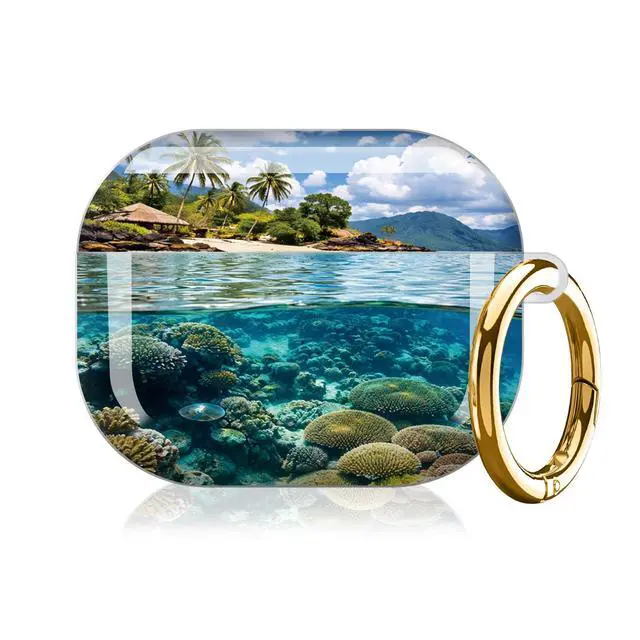 Alt view image 7 of 7 - Hard Protective Case for AirPod Pro 3, Shockproof Durable Shell with Keychain, Cute Stylish Design(Tropical Island Coral Reef Water Sky)