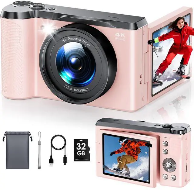 Main image of 4K Digital Camera for Photography, Autofocus 56MP Vlogging Camera with 32GB SD Card, 3" 180° Flip Screen Compact Travel Camera for Teens Begnners with 16X Zoom,Pink