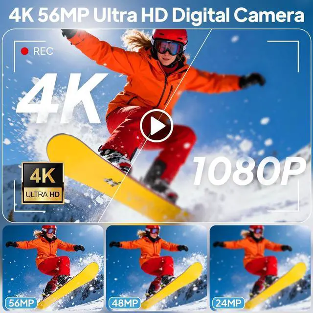 Alt view image 2 of 7 - 4K Digital Camera for Photography, Autofocus 56MP Vlogging Camera with 32GB SD Card, 3" 180° Flip Screen Compact Travel Camera for Teens Begnners with 16X Zoom,Black