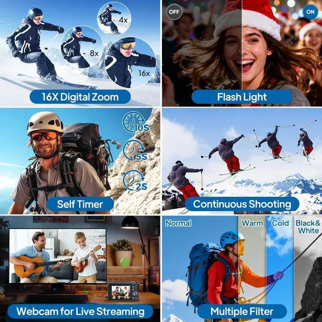 Alt view image 4 of 7 - 4K Digital Camera for Photography, Autofocus 56MP Vlogging Camera with 32GB SD Card, 3" 180° Flip Screen Compact Travel Camera for Teens Begnners with 16X Zoom,Black