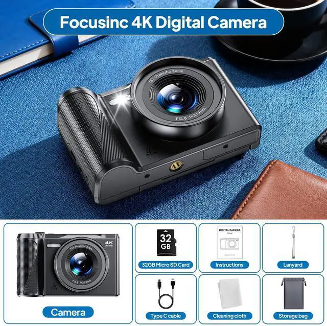 Alt view image 6 of 7 - 4K Digital Camera for Photography, Autofocus 56MP Vlogging Camera with 32GB SD Card, 3" 180° Flip Screen Compact Travel Camera for Teens Begnners with 16X Zoom,Black