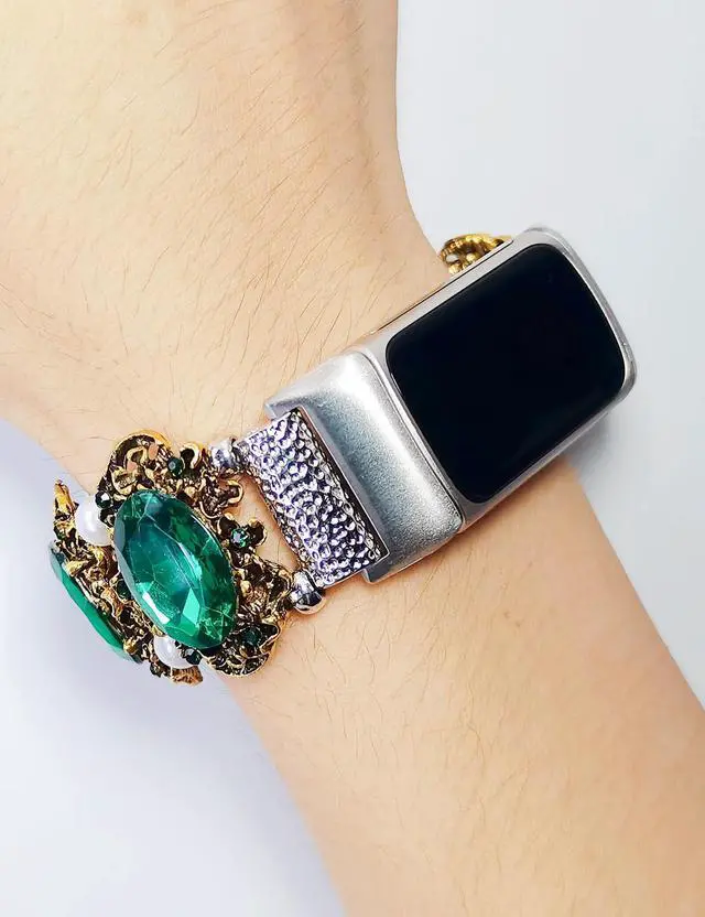 Alt view image 5 of 7 - Compatible with Fitbit Charge 5/6 Band Agate Natural Gemstone Beads Western Bracelet for Women Energy Healing Crystal Chakra Western Boho Style Fixed Size Strap, Turquoise