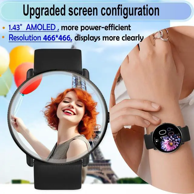 Alt view image 2 of 6 - 1.43" AMOLED SmartWatch for Men and Women, Black | Phone Call, IP68 Waterproof, Fitness Tracker