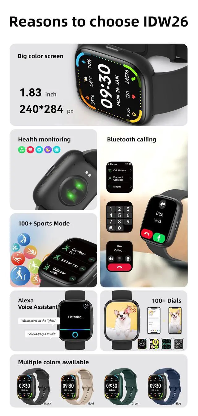 Alt view image 4 of 6 - Ostark Smart Watch, Alexa Built-in, Bluetooth Call, 1.83" Touch Screen | IP68 Waterproof, display tracks heart rate, SpO2 & sleep, 100+ sports modes, Android and iOS smartphones
