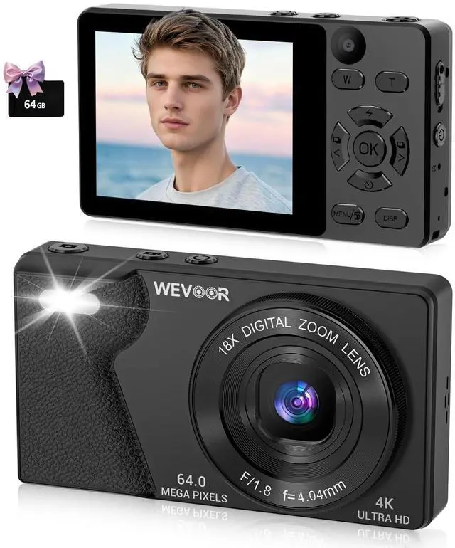 Main image of 4K Digital Camera for Photography- 64MP Autofocus Vlogging Camera with Dual Lens, 18X Digital Zoom- Small Point and Shoot Camera with Card and 2000mAh for YouTube, Travel, Beginners (Black)