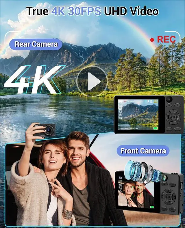 Alt view image 2 of 6 - 4K Digital Camera for Photography- 64MP Autofocus Vlogging Camera with Dual Lens, 18X Digital Zoom- Small Point and Shoot Camera with Card and 2000mAh for YouTube, Travel, Beginners (Black)