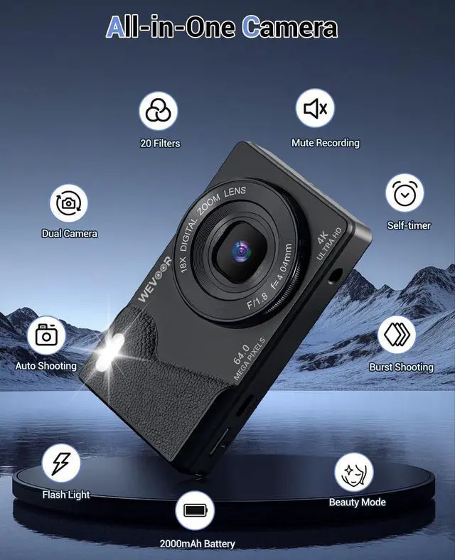 Alt view image 5 of 6 - 4K Digital Camera for Photography- 64MP Autofocus Vlogging Camera with Dual Lens, 18X Digital Zoom- Small Point and Shoot Camera with Card and 2000mAh for YouTube, Travel, Beginners (Black)